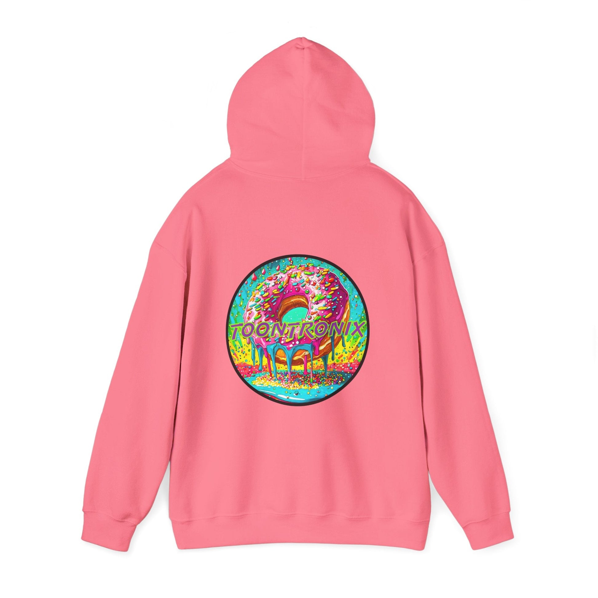 Unisex pink hoodie featuring a vibrant Toontronix Donut design on the back, with adjustable hood and kangaroo pocket.