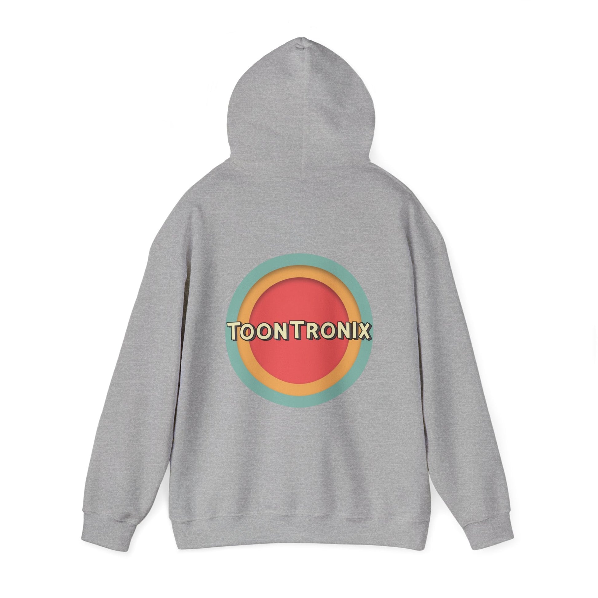 Toontronix Toons Logo Hoodie, unisex gray sweatshirt with kangaroo pocket and drawstring hood.