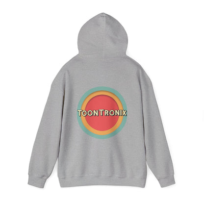 Toontronix Toons Logo Hoodie, unisex gray sweatshirt with kangaroo pocket and drawstring hood.