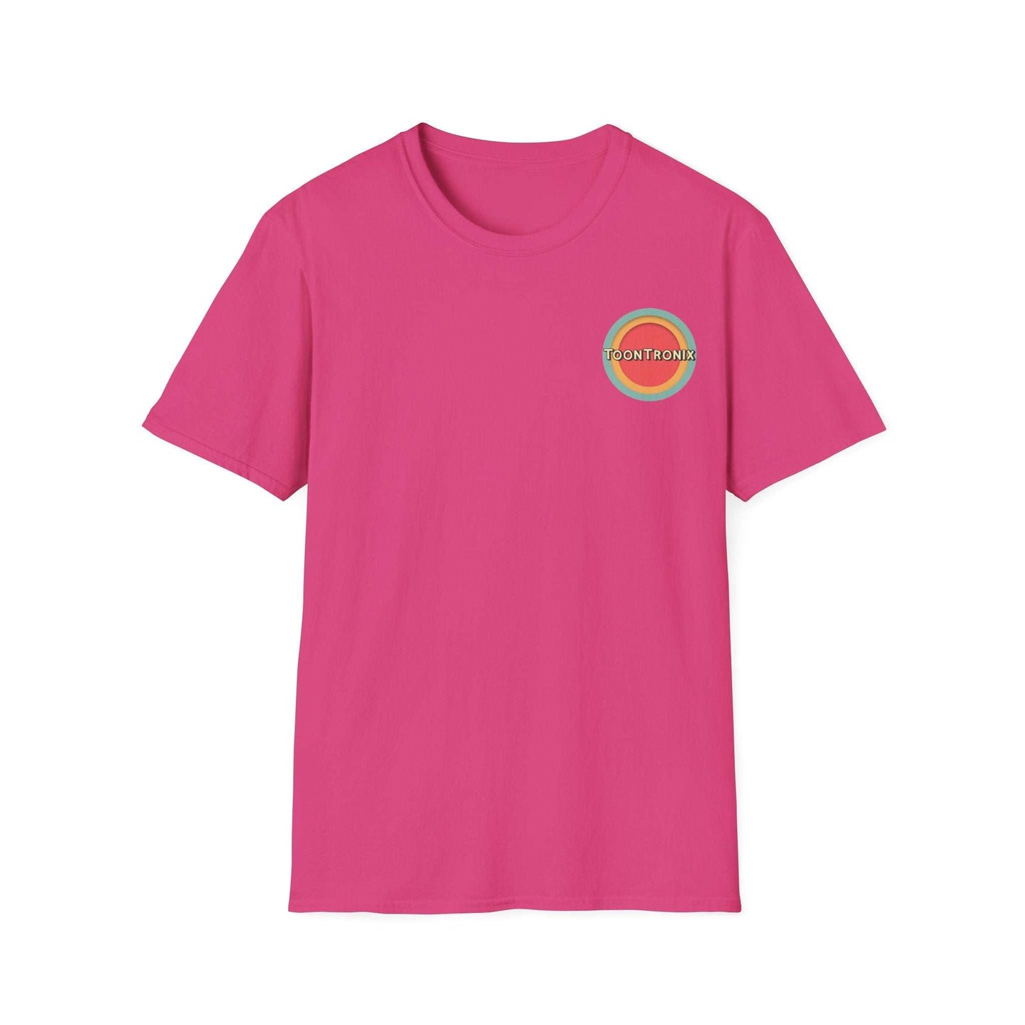 Unisex pink t-shirt with Toontronix logo; classic fit, ribbed collar, 100% cotton.