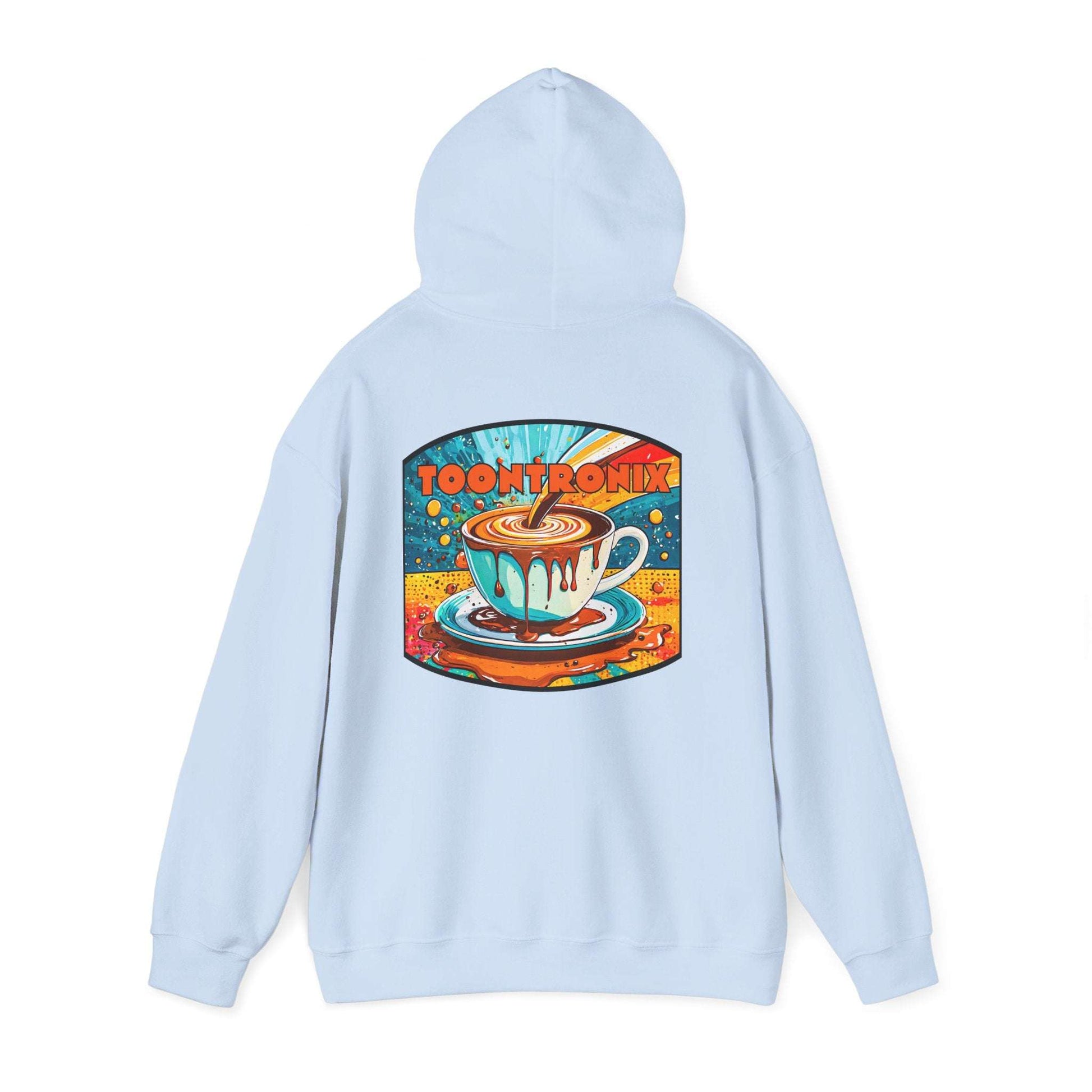 Unisex blue hoodie with Toontronix Coffee Drip design on back, featuring kangaroo pocket and adjustable hood.