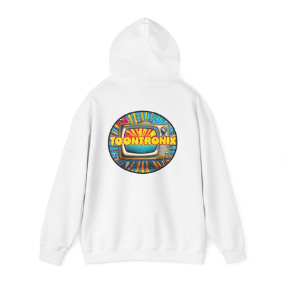 Unisex Toontronix TV Hoodie with vibrant logo, adjustable drawstring, and kangaroo pocket for comfort and style.