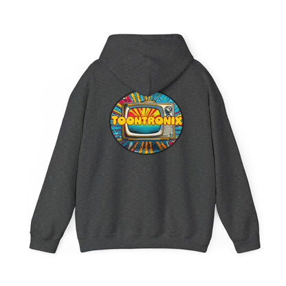 Unisex Toontronix Donut Hoodie with colorful TV design on back, heavy blend sweatshirt featuring kangaroo pocket and adjustable hood.