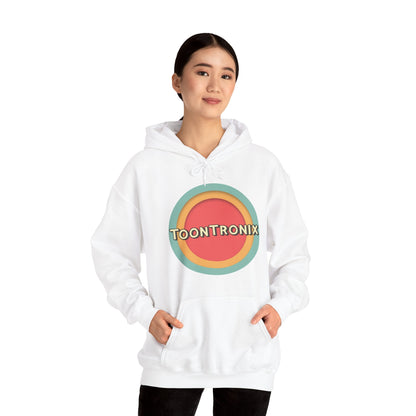 Toontronix Toons Logo Hoodie - Unisex Heavy Blend™ Sweatshirt, white hoodie with colorful logo, cozy and stylish apparel.
