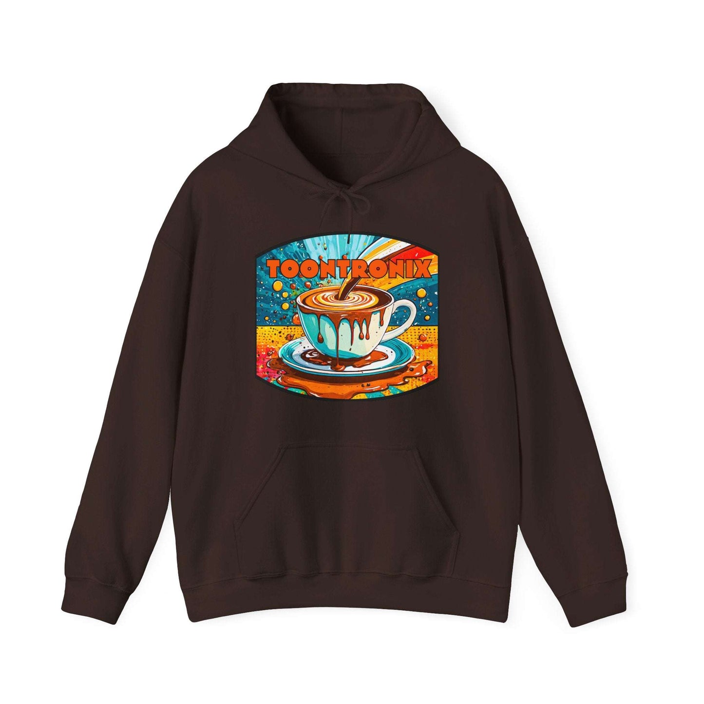 Unisex Toontronix Coffee Drip Hoodie with vibrant graphic and kangaroo pocket.