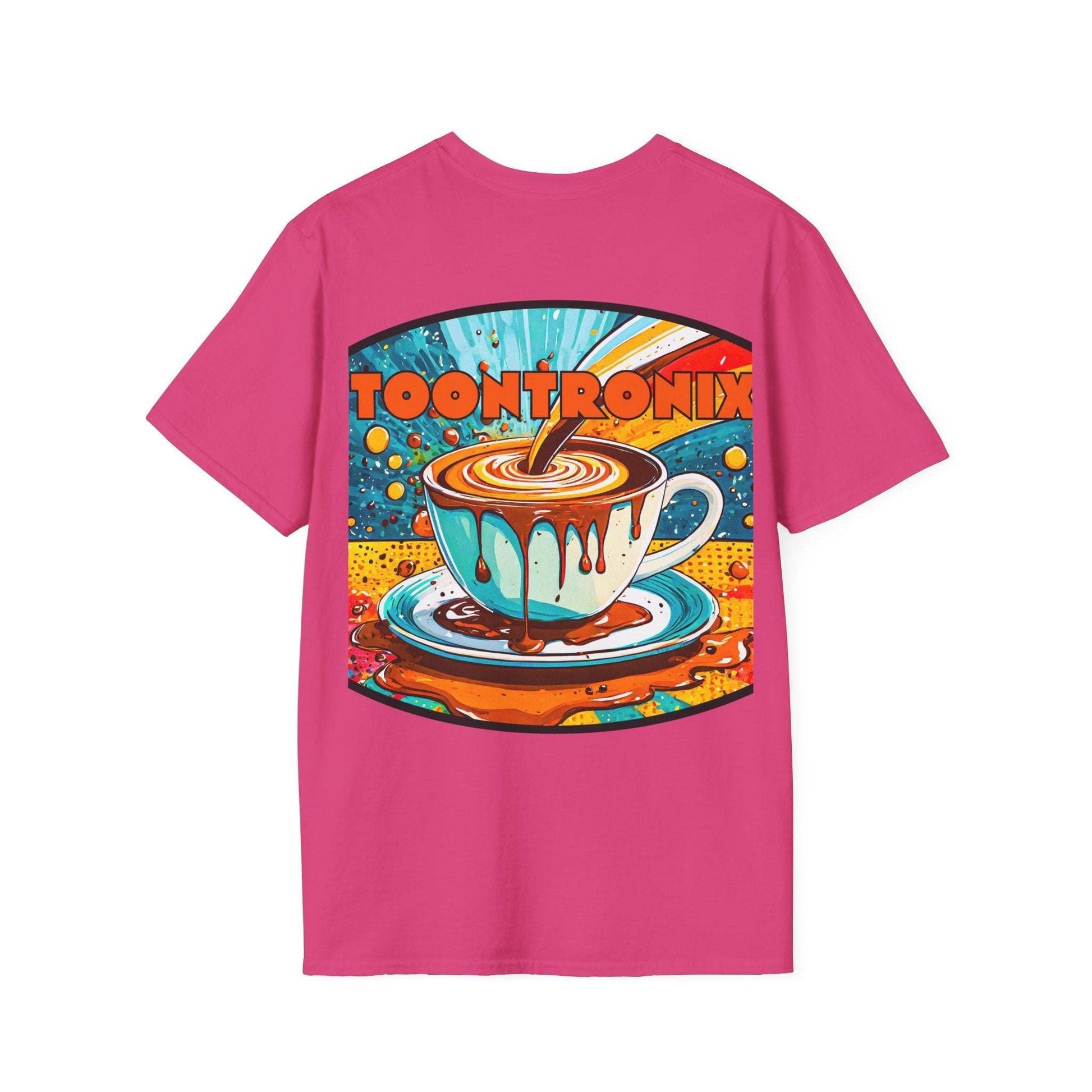 Unisex Toontronix Drip Coffee Tee with bold coffee cup design, pink background, casual animated character theme.