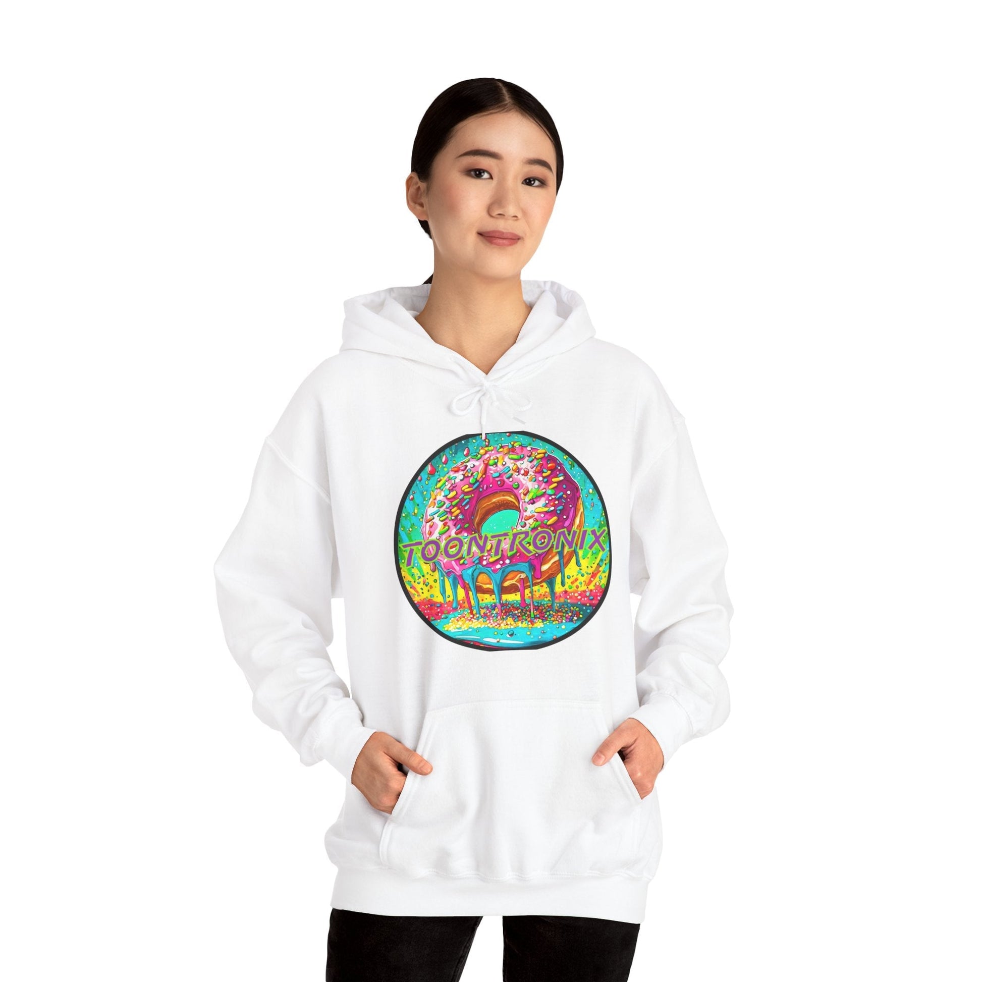 Unisex Toontronix Donut Hoodie with vibrant design, perfect for cozy casual wear.