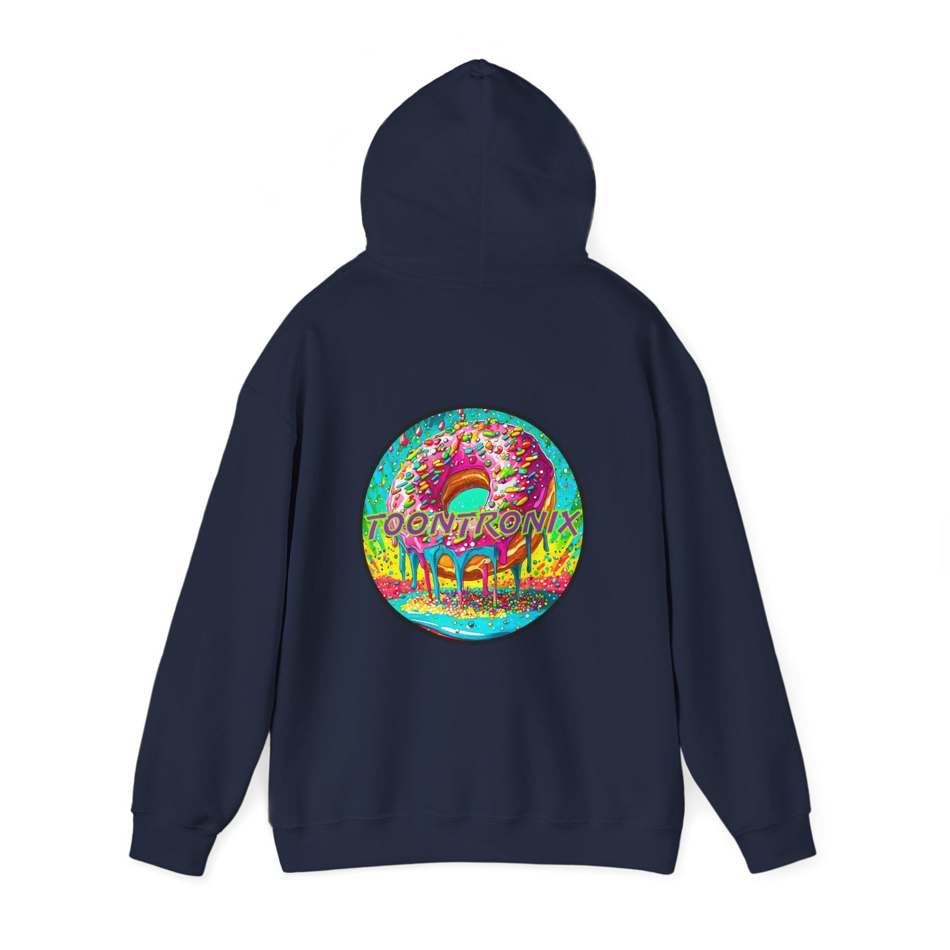 Toontronix Donut Hoodie, unisex heavy blend sweatshirt with colorful back graphic.