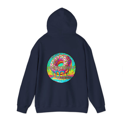 Toontronix Donut Hoodie, unisex heavy blend sweatshirt with colorful back graphic.