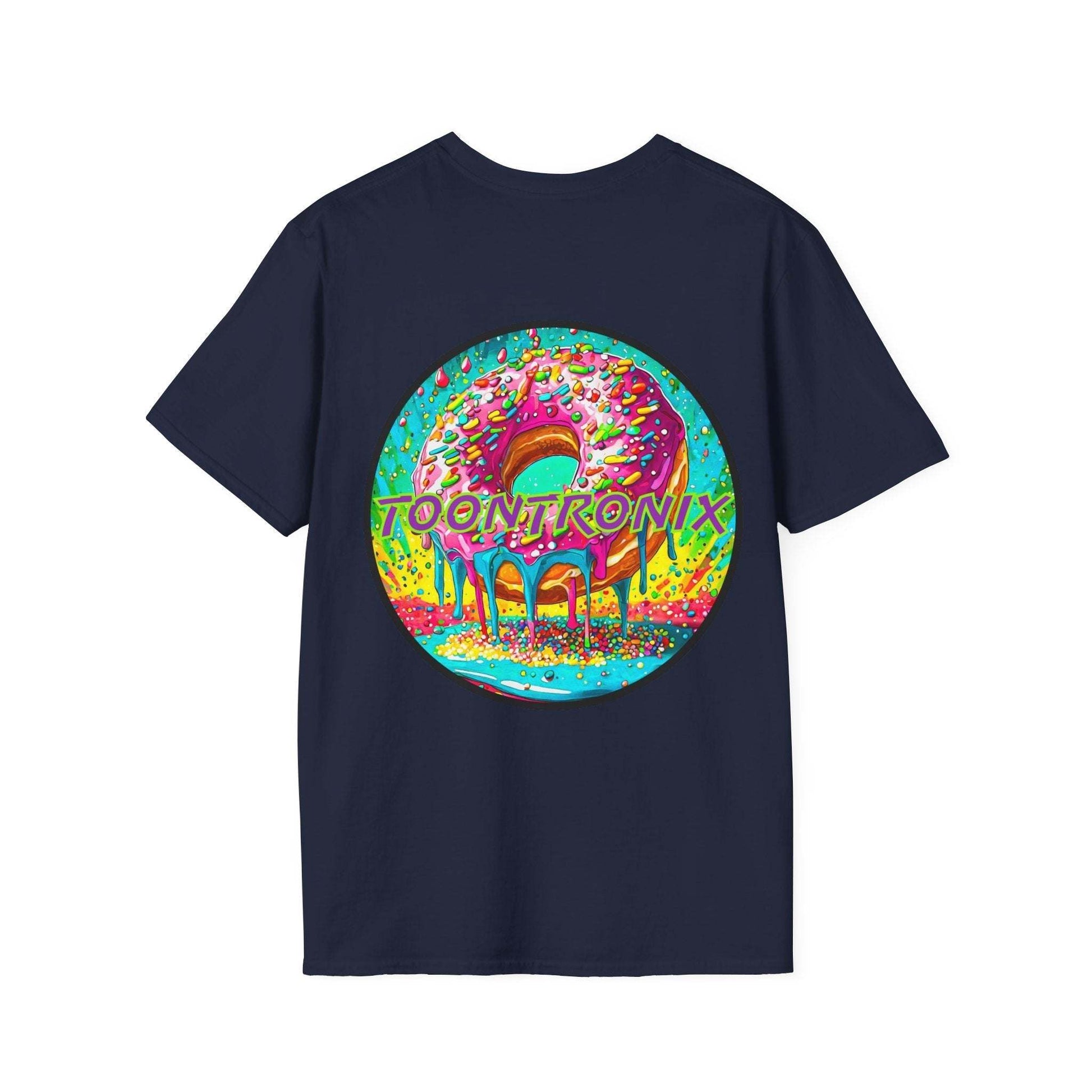 Toontronix Donut Tee Unisex Shirt with colorful donut graphic.