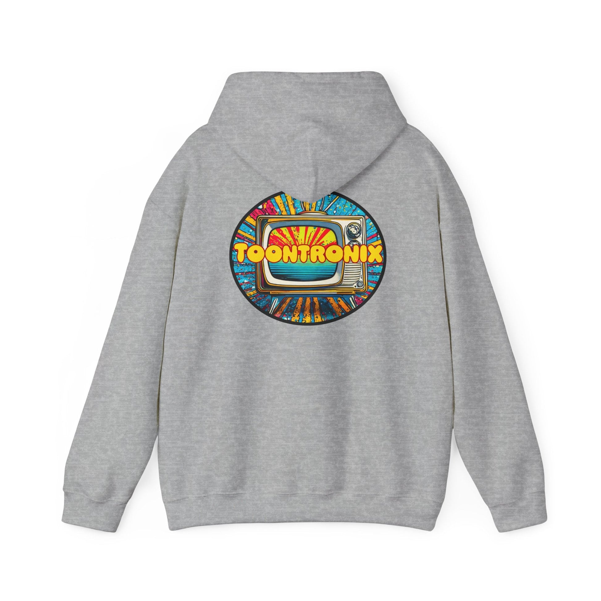 Unisex Toontronix Donut Hoodie with colorful TV graphic, spacious kangaroo pocket, and adjustable drawstring hood.