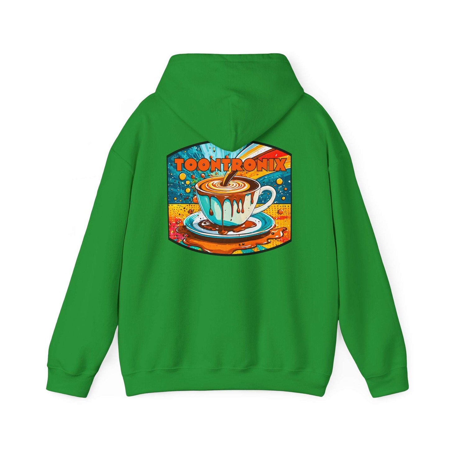 Unisex green hoodie with a vibrant coffee cup graphic and Toontronix logo on the back.