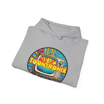 Unisex Toontronix TV Hoodie with colorful graphic, heavy blend, adjustable hood.