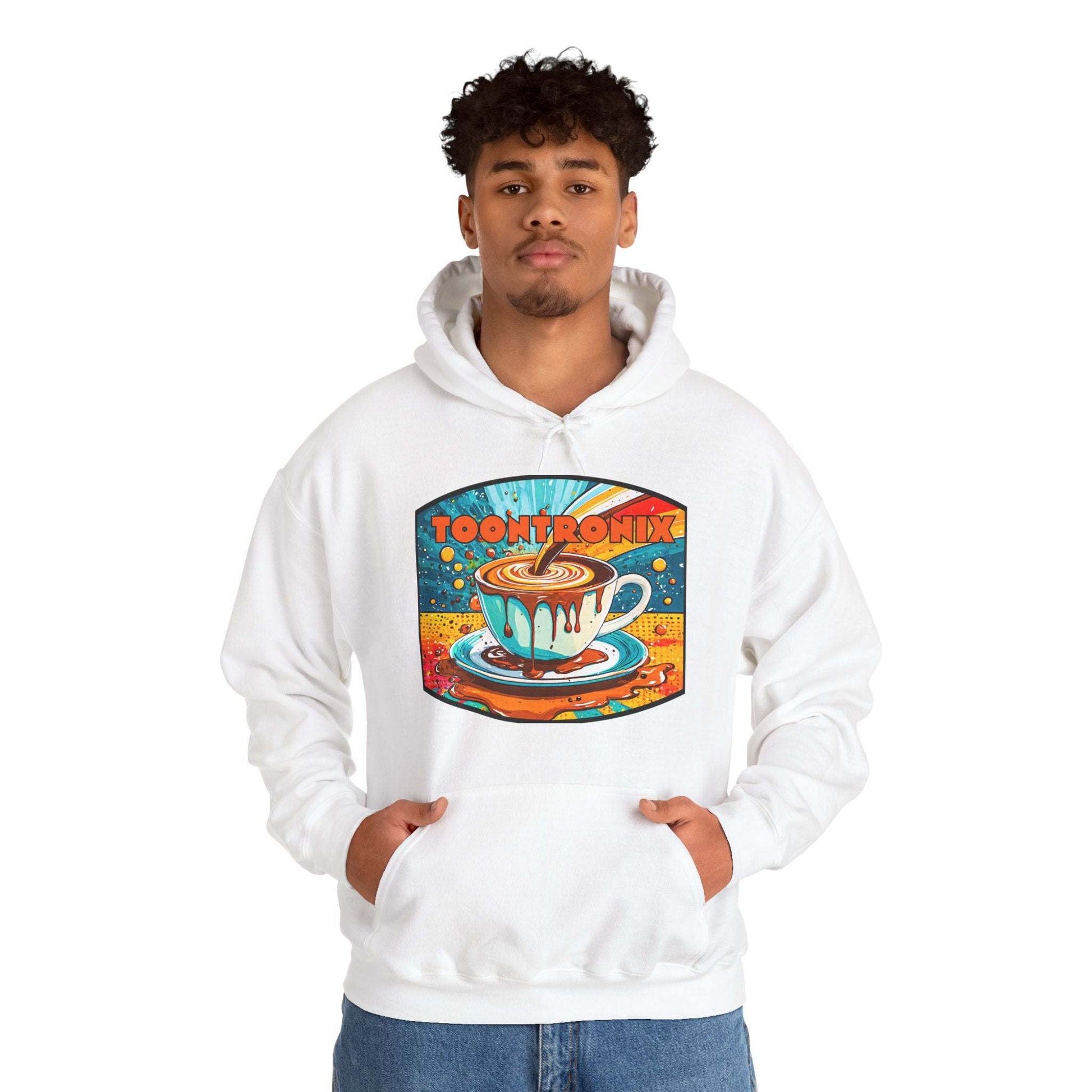 Unisex Toontronix Coffee Drip Hoodie with colorful graphic, adjustable hood, and kangaroo pocket.