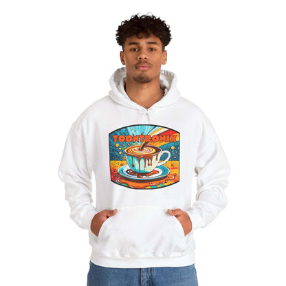 Unisex Toontronix Coffee Drip Hoodie with colorful graphic, adjustable hood, and kangaroo pocket.