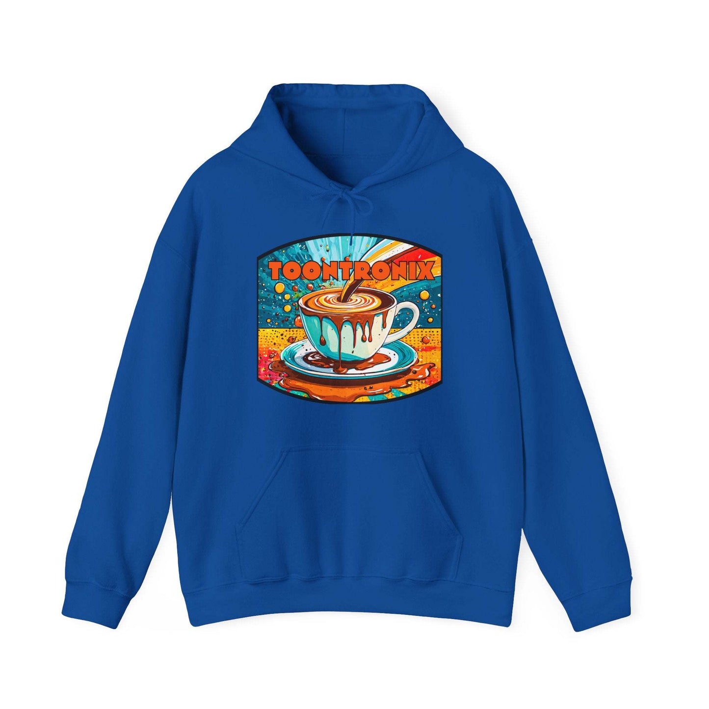 Unisex Toontronix Coffee Drip Hoodie with colorful coffee cup graphic, featuring kangaroo pocket and adjustable hood.