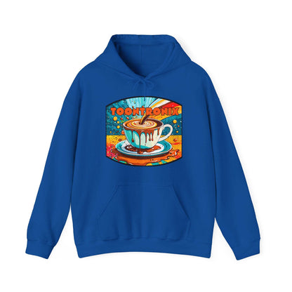 Unisex Toontronix Coffee Drip Hoodie with colorful coffee cup graphic, featuring kangaroo pocket and adjustable hood.