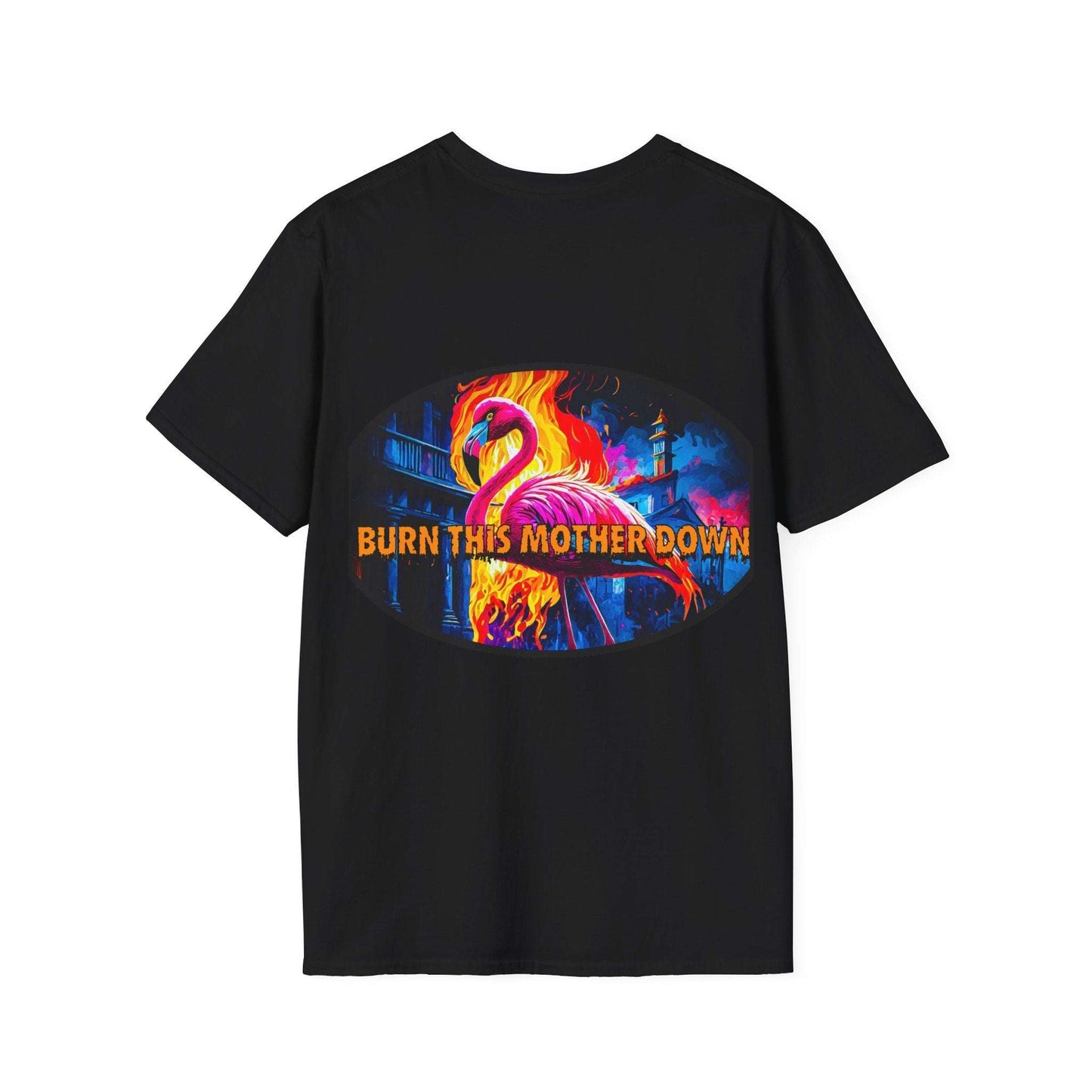 Vibrant flamingo t-shirt with "Burn This Mother Down" design, ideal for casual wear.