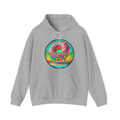 Unisex grey hoodie with a colorful Toontronix donut graphic on the front.