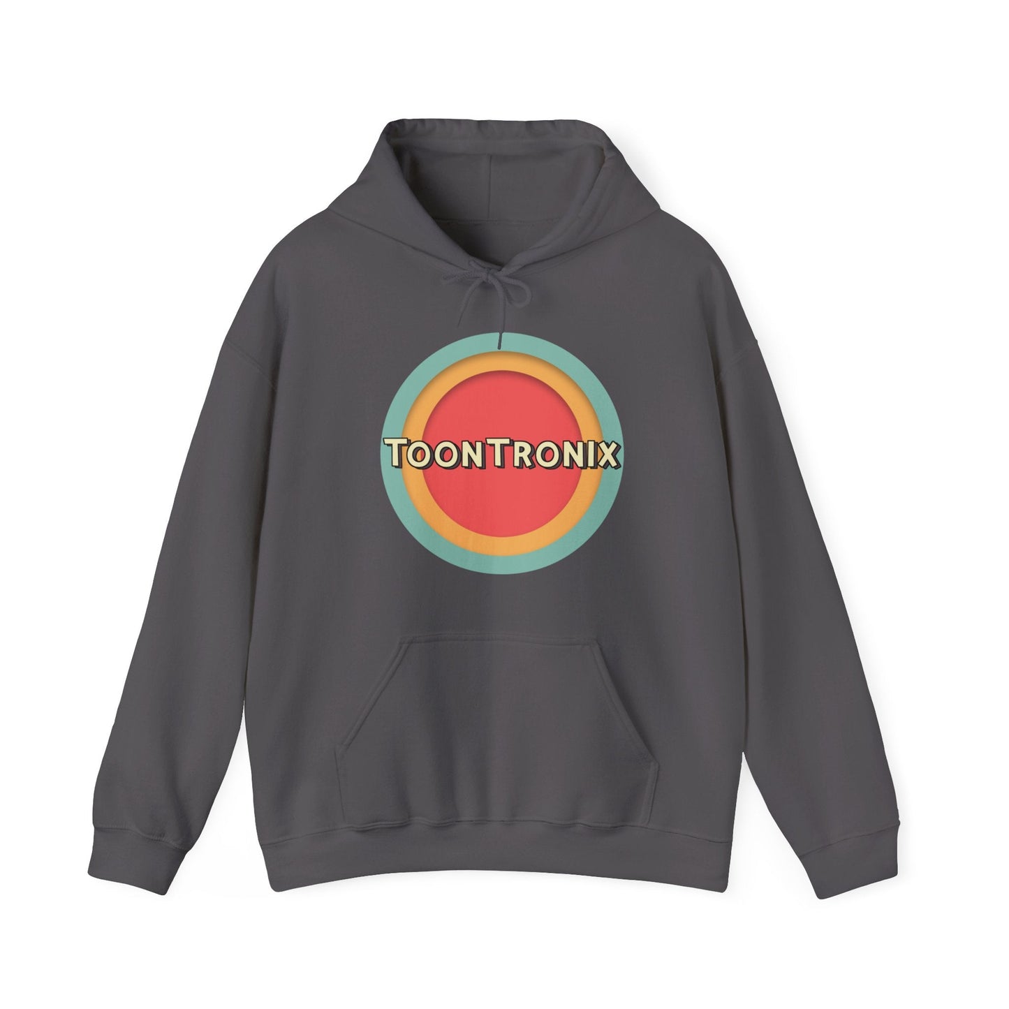Unisex Toontronix Toons Logo Hoodie with colorful emblem, featuring kangaroo pocket and adjustable drawstring hood.