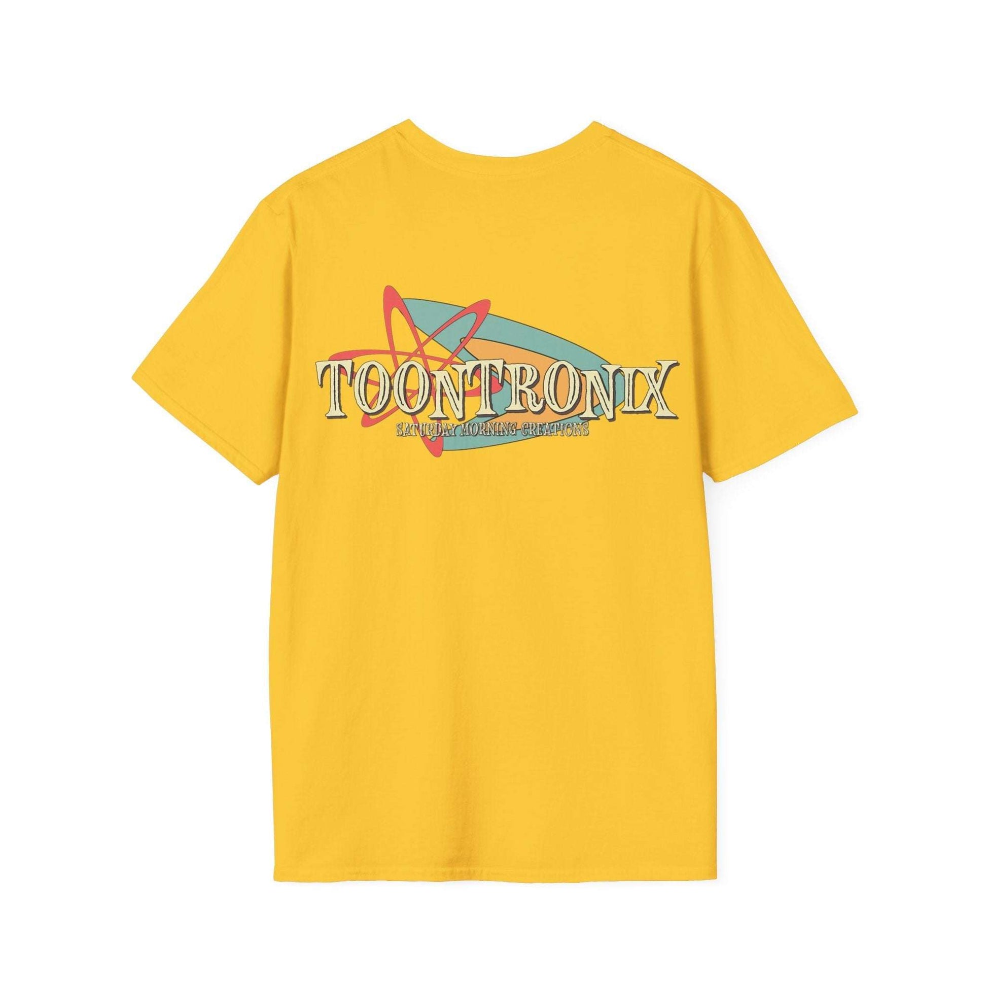 Yellow Toontronix Retro Logo Tee with ribbed collar and classic fit, featuring colorful logo design.