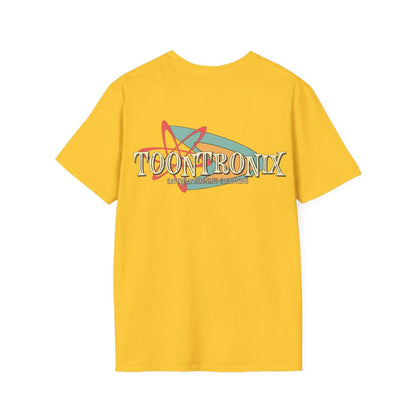 Yellow Toontronix Retro Logo Tee with ribbed collar and classic fit, featuring colorful logo design.