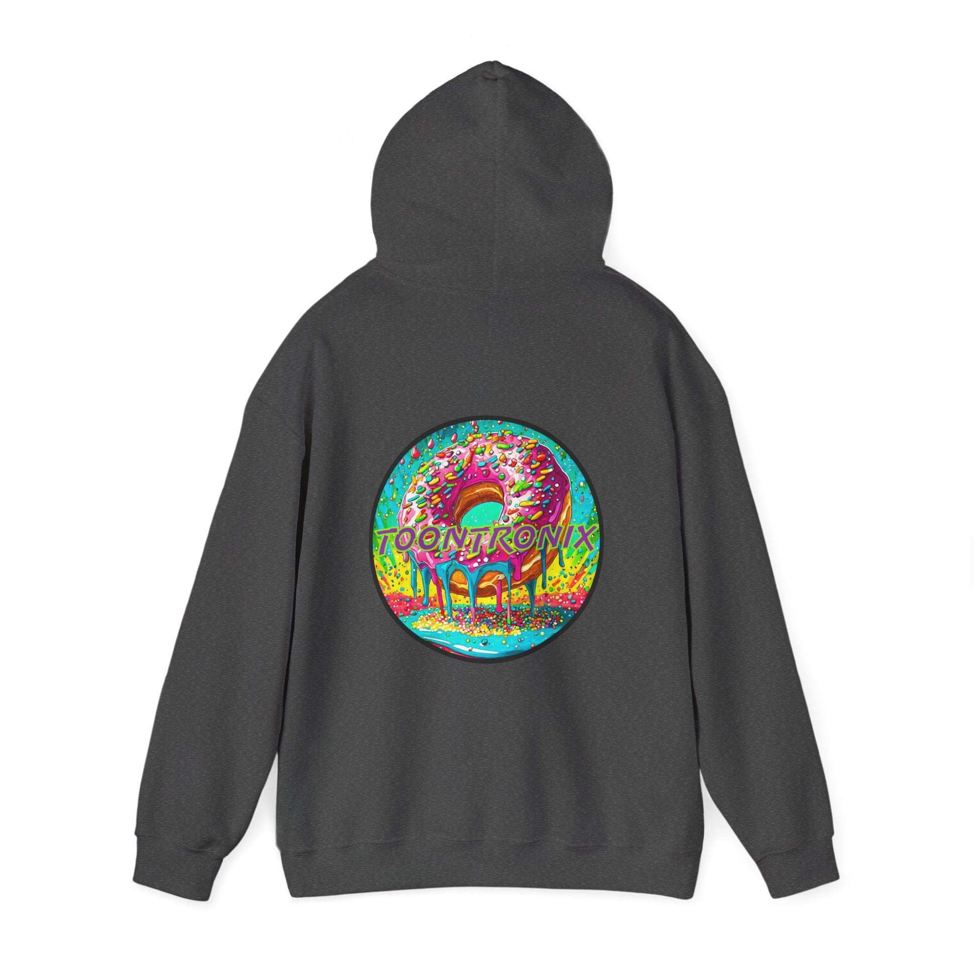 Toontronix Donut Hoodie - Unisex Heavy Blend Sweatshirt with vibrant back design.