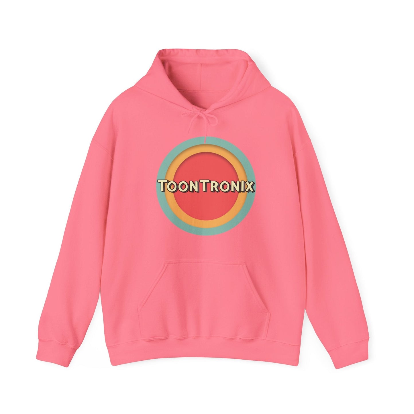 Toontronix Toons Logo Hoodie in pink with kangaroo pocket and drawstring hood.