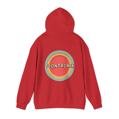 Toontronix Toons Logo Hoodie in red with kangaroo pocket and adjustable hood.
