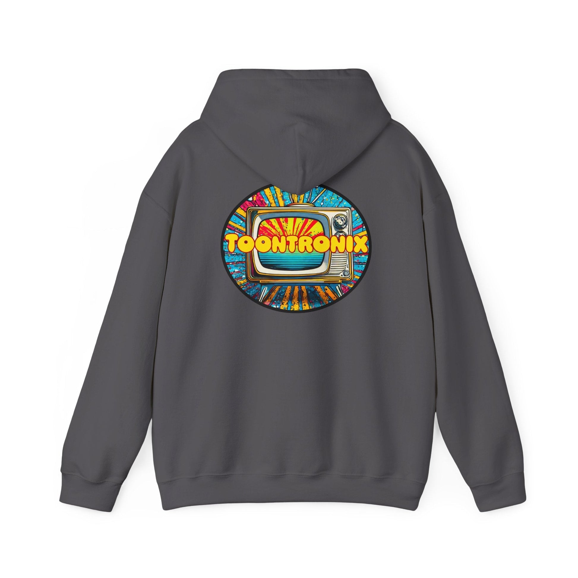 Toontronix TV Hoodie with colorful graphic design on back, unisex heavy blend sweatshirt.