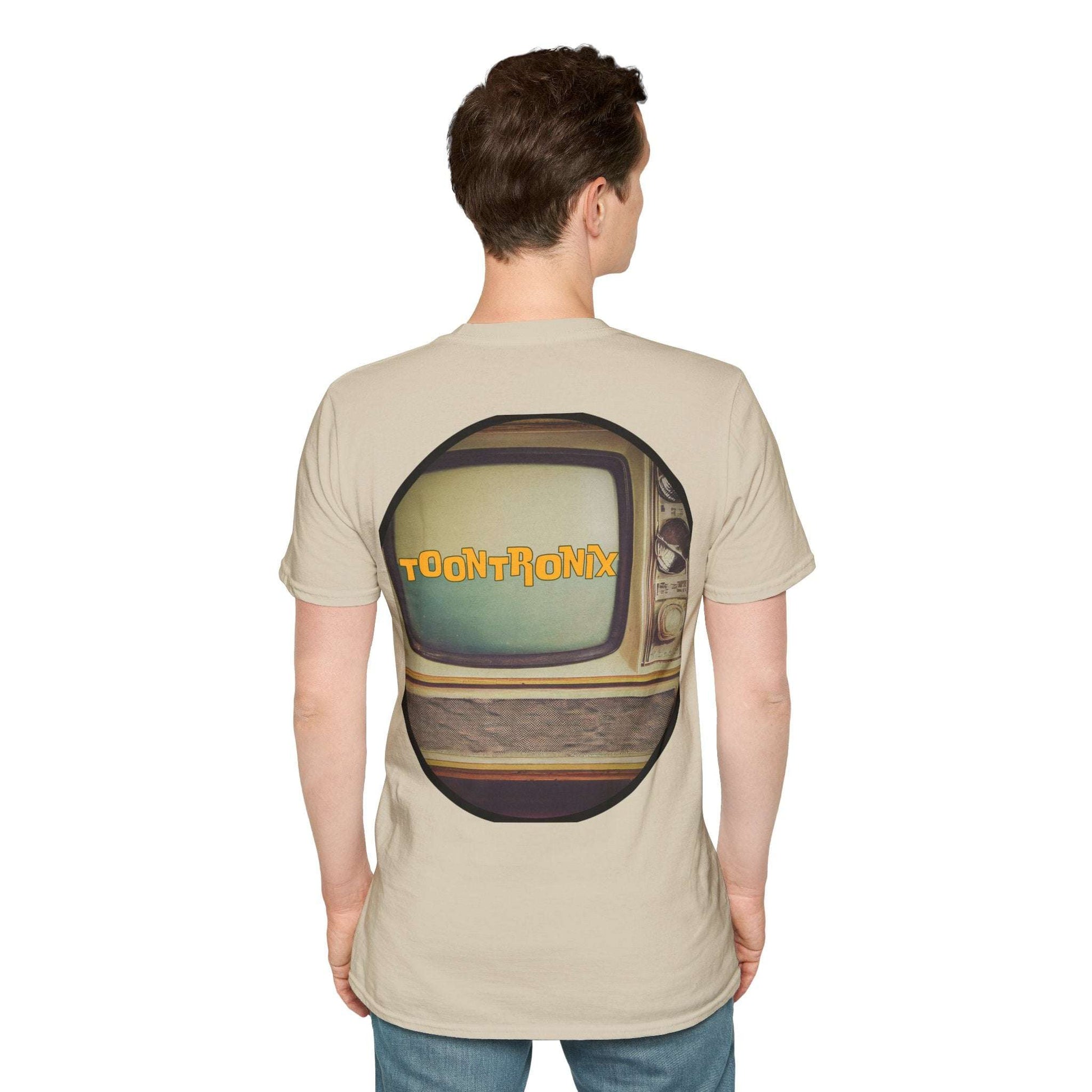 Toontronix Atomic Tv Tee with vintage cartoon design on back, ideal for retro art enthusiasts.