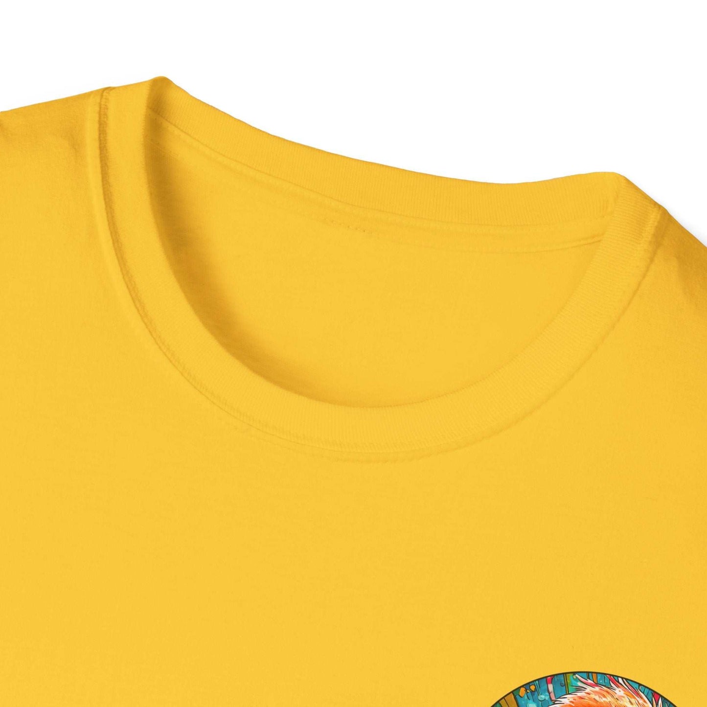 Yellow Dr. Flamingoz unisex t-shirt with ribbed collar, featuring tropical print.