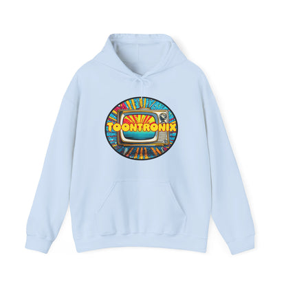 Toontronix TV Hoodie - Unisex Heavy Blend™ Sweatshirt with colorful TV graphic, featuring a kangaroo pocket and adjustable hood for cozy style.