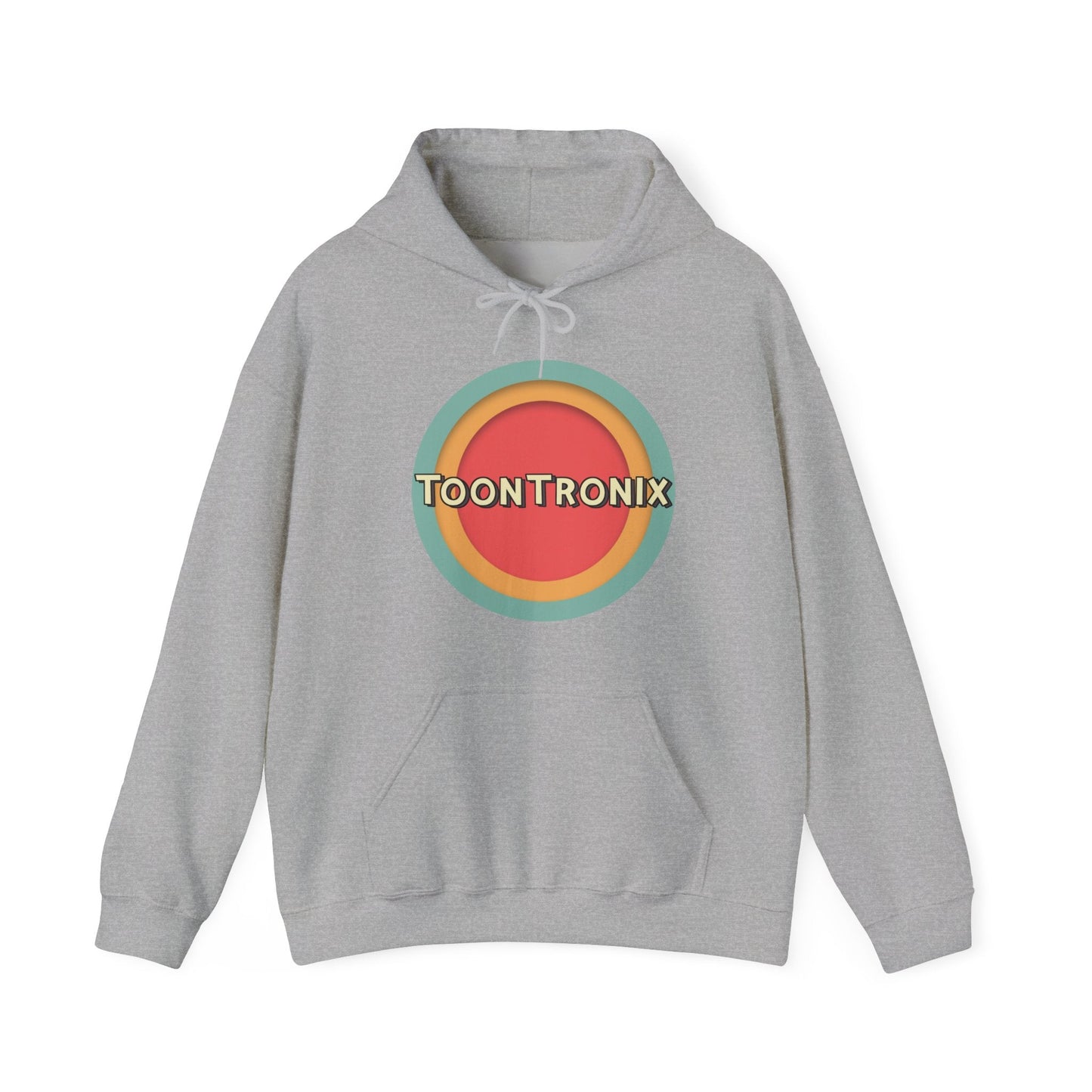 Unisex gray hoodie with Toontronix Toons logo, featuring kangaroo pocket and adjustable hood.