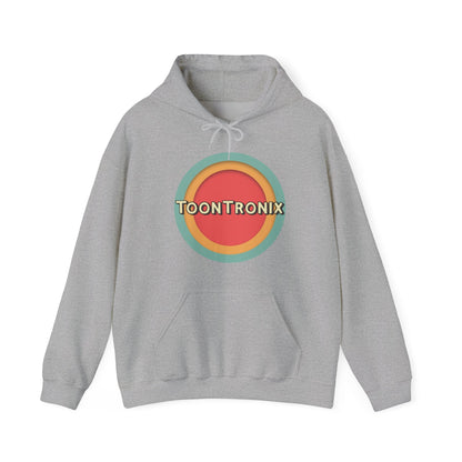 Unisex gray hoodie with Toontronix Toons logo, featuring kangaroo pocket and adjustable hood.