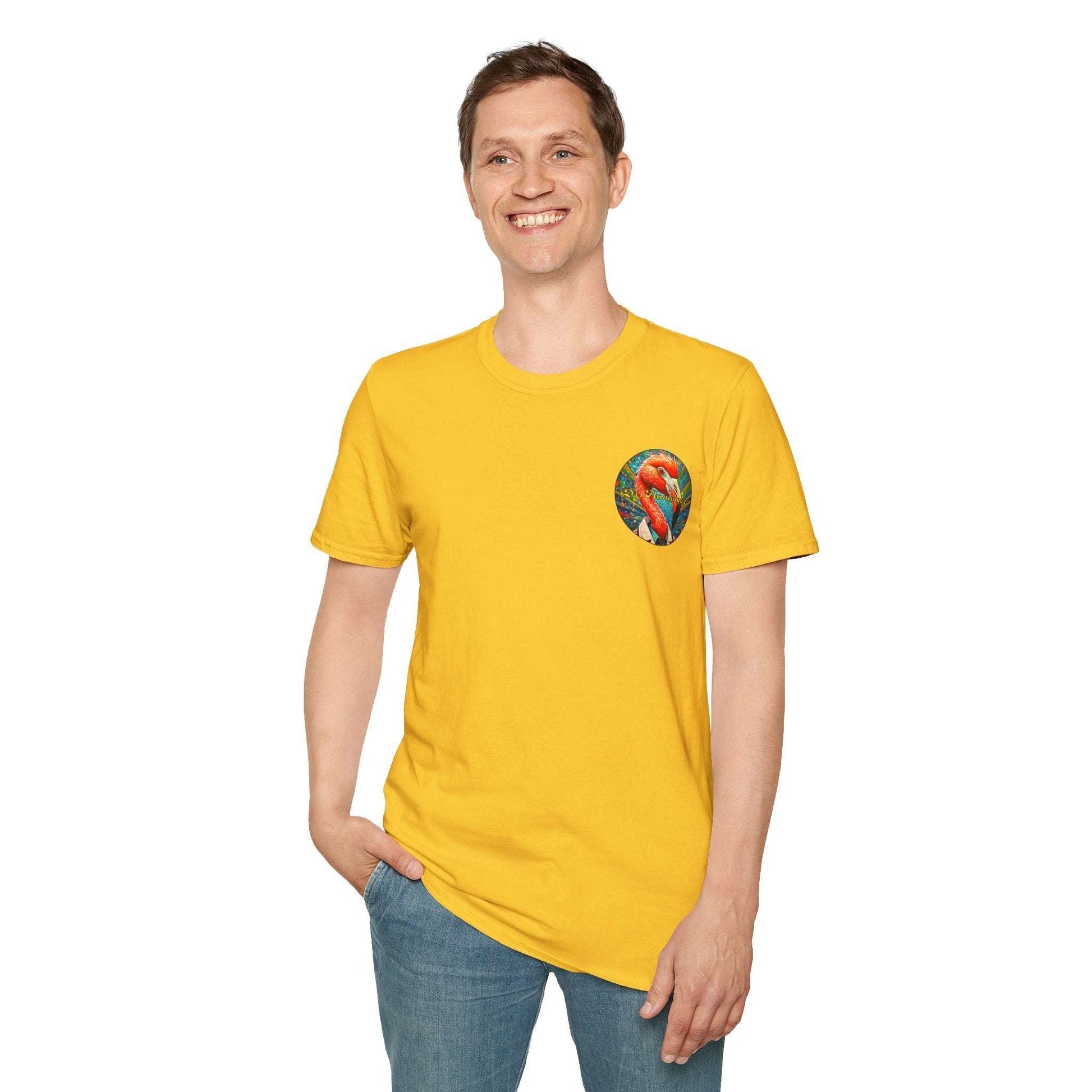 Unisex yellow Dr. Flamingoz T-shirt with flamingo graphic, casual summer style.