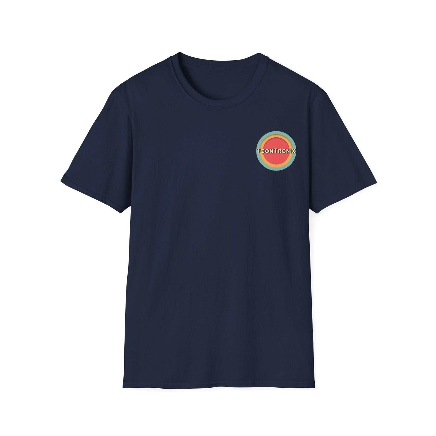 Toontronix Retro Logo Tee Unisex Shirt with ribbed collar, classic fit, and colorful logo design.