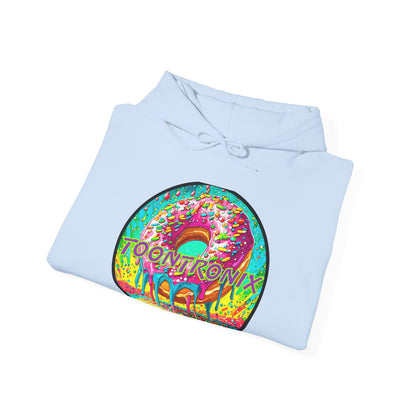 Unisex Toontronix Donut Hoodie with vibrant design, classic fit, and adjustable drawstring.