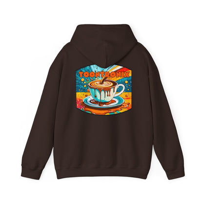 Unisex Toontronix Coffee Drip Hoodie with colorful coffee cup design on back, featuring kangaroo pouch and adjustable drawstring hood.