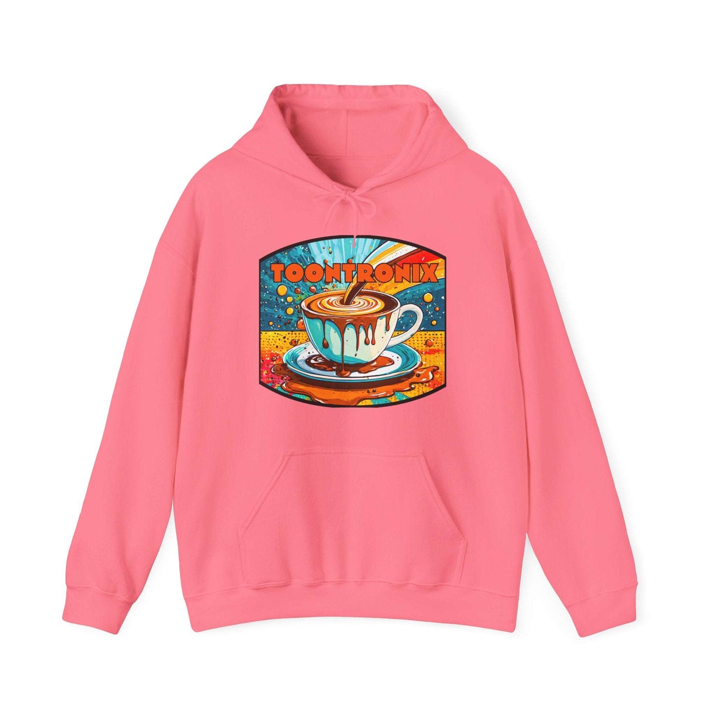 Toontronix Coffee Drip Hoodie - Unisex Heavy Blend Sweatshirt in pink with graphic design on front.