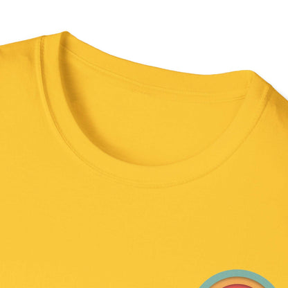 Yellow Toontronix Donut Tee with ribbed collar, unisex design, 100% cotton, classic fit.