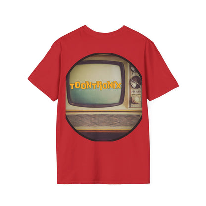 Toontronix Atomic Tv Tee with vintage cartoon design on red fabric.