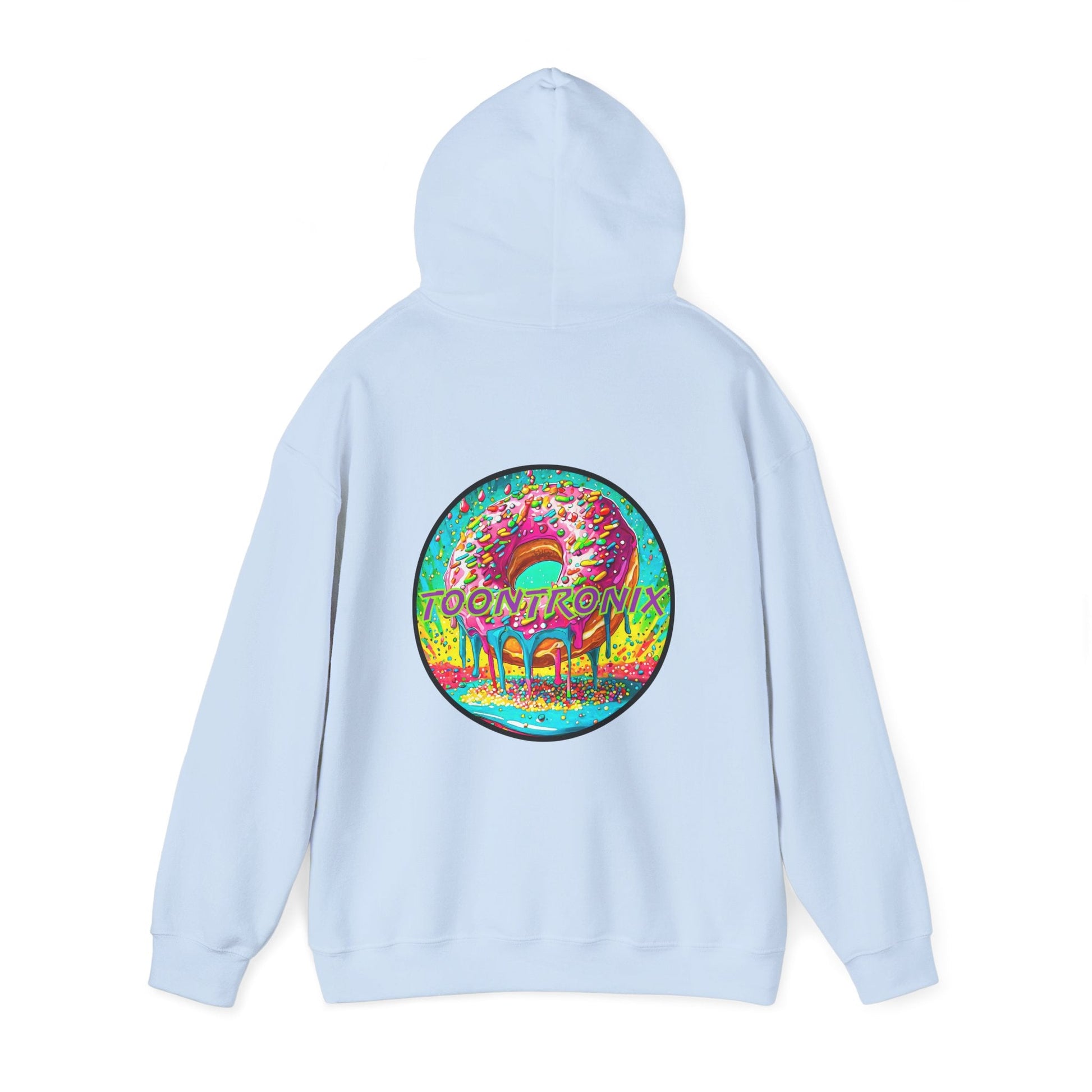 Toontronix Donut Hoodie, unisex heavy blend sweatshirt with vibrant donut graphic on back.