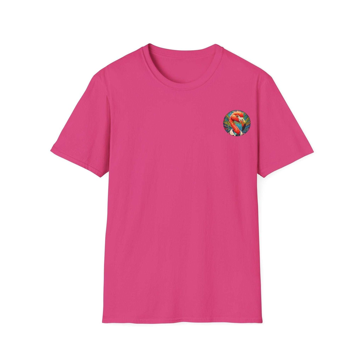 Vibrant Flamingo T-Shirt with Dr. Flamingoz design, classic fit, and ribbed collar.