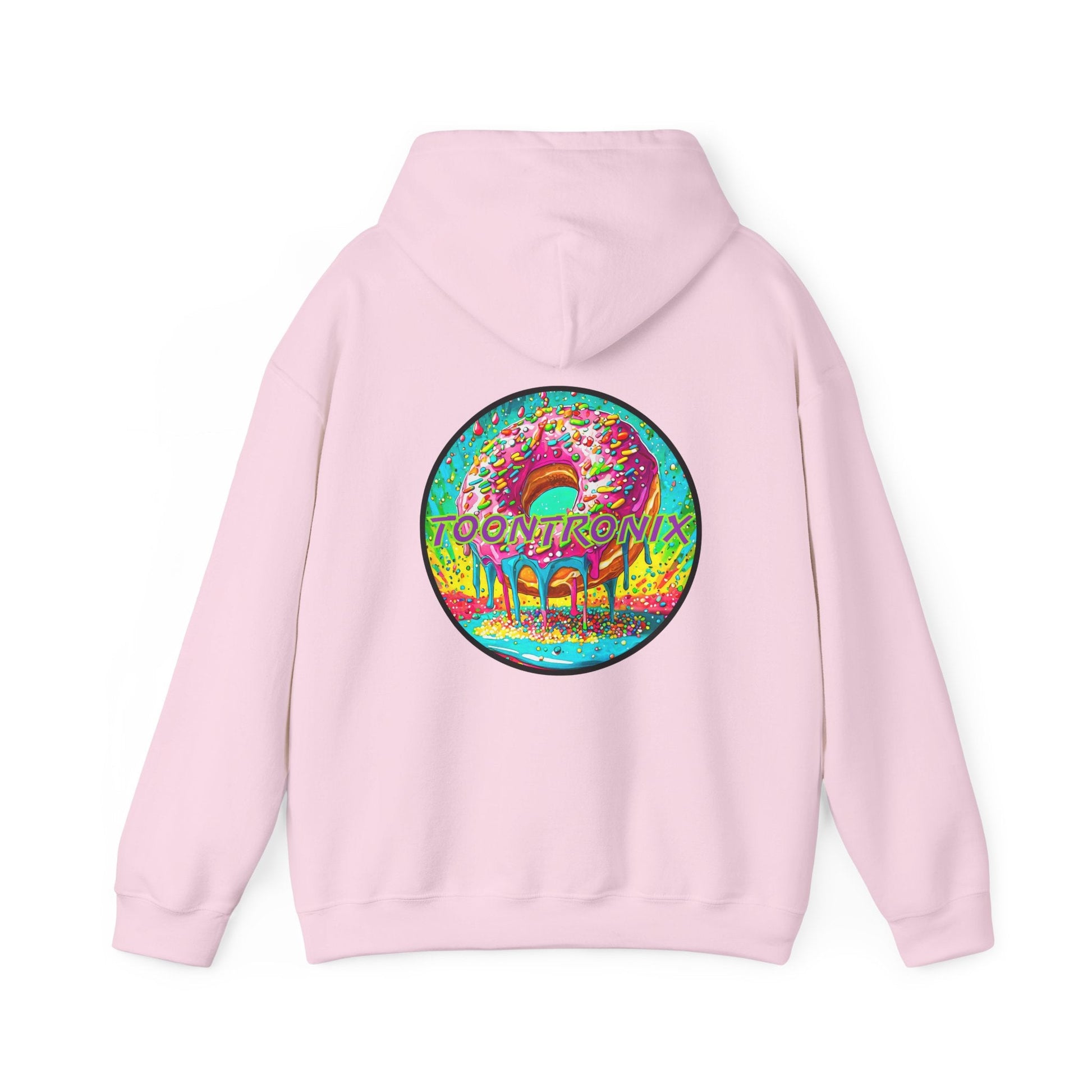 Unisex Toontronix Donut Hoodie with vibrant donut graphic, spacious kangaroo pocket, and adjustable hood.