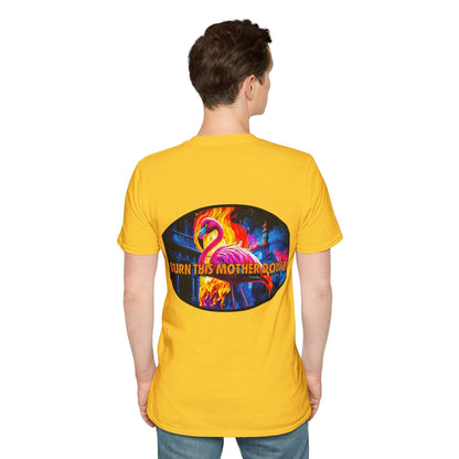 Vibrant Flamingo T-Shirt with bold design and classic fit, featuring Dr. Flamingoz graphic on yellow fabric.