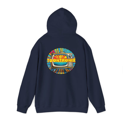 Unisex Toontronix TV Hoodie with vibrant DTF print, navy color, cozy kangaroo pocket, ideal for casual outings.