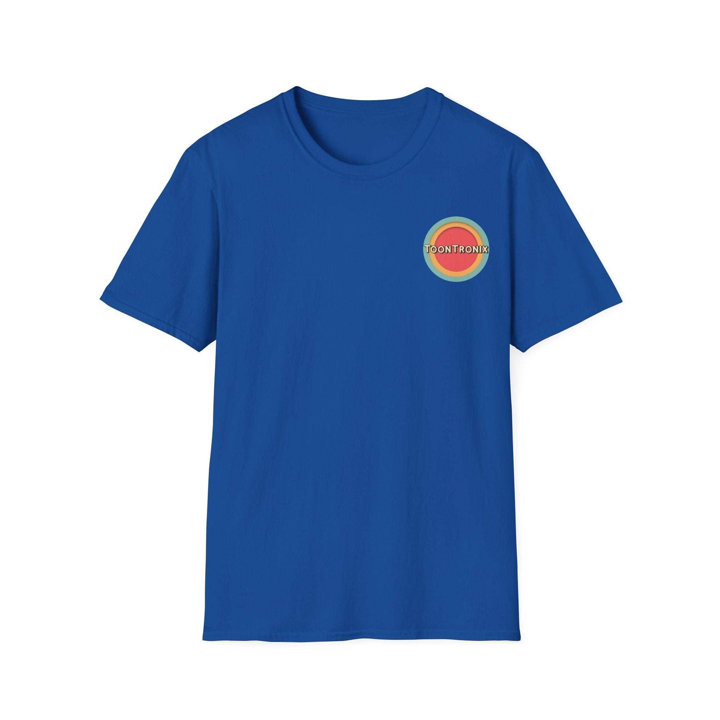 Toontronix Donut Tee Unisex Shirt in blue with ribbed collar and colorful logo.
