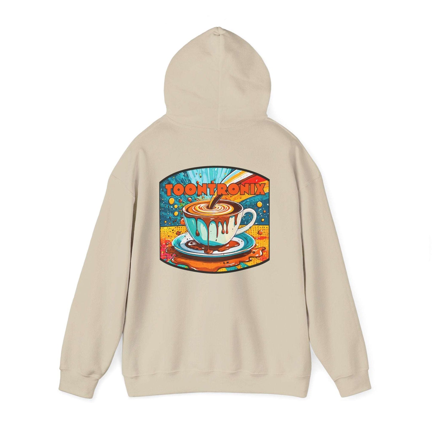 Unisex Toontronix Coffee Drip Hoodie with kangaroo pocket and drawstring hood.