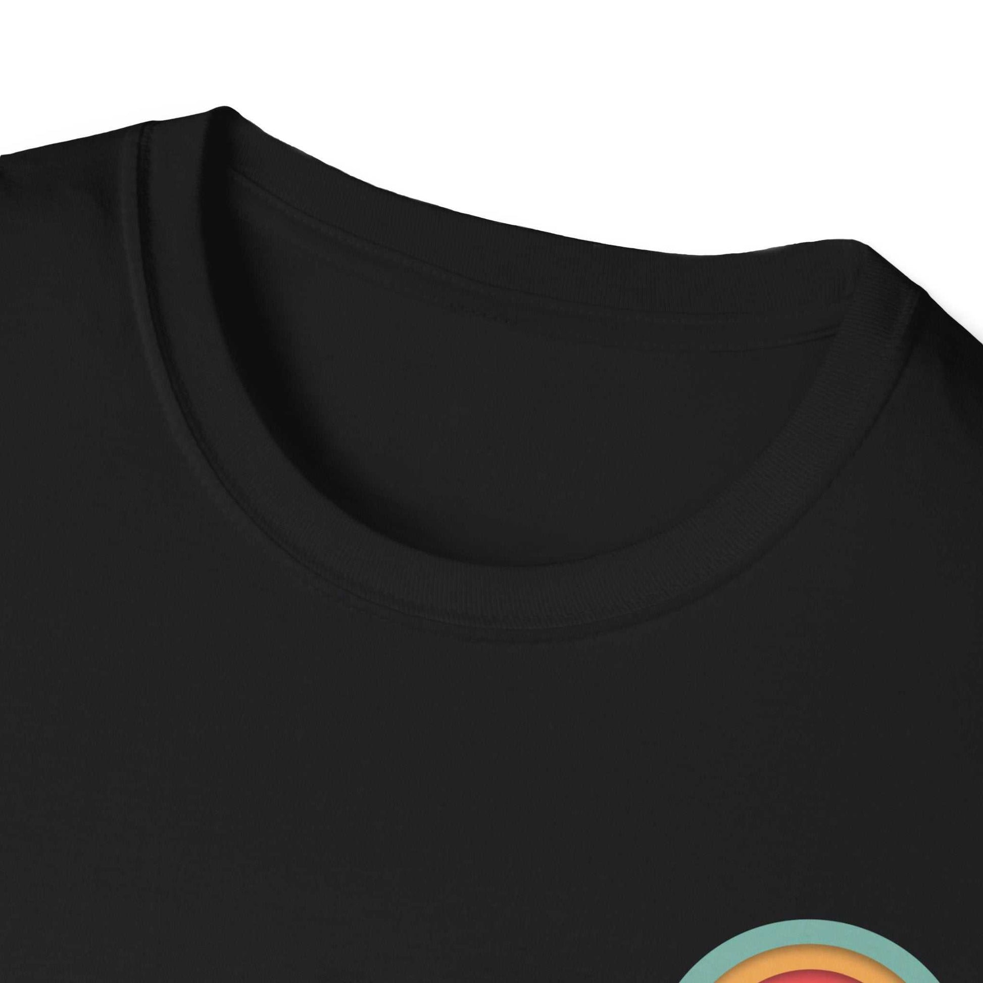 Toontronix Retro Logo Tee with black ribbed collar, featuring colorful retro logo design.